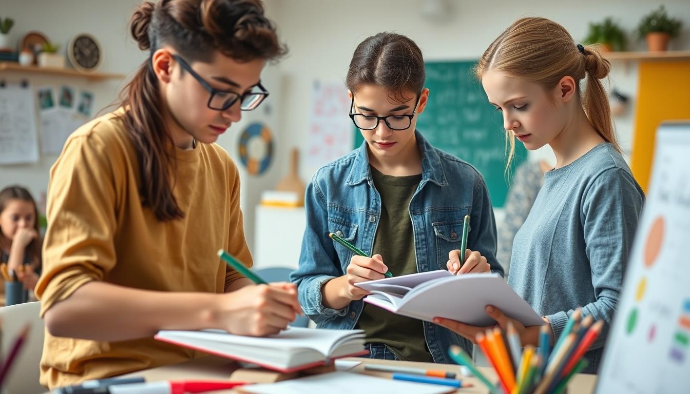 Students studying together in modern classroom
